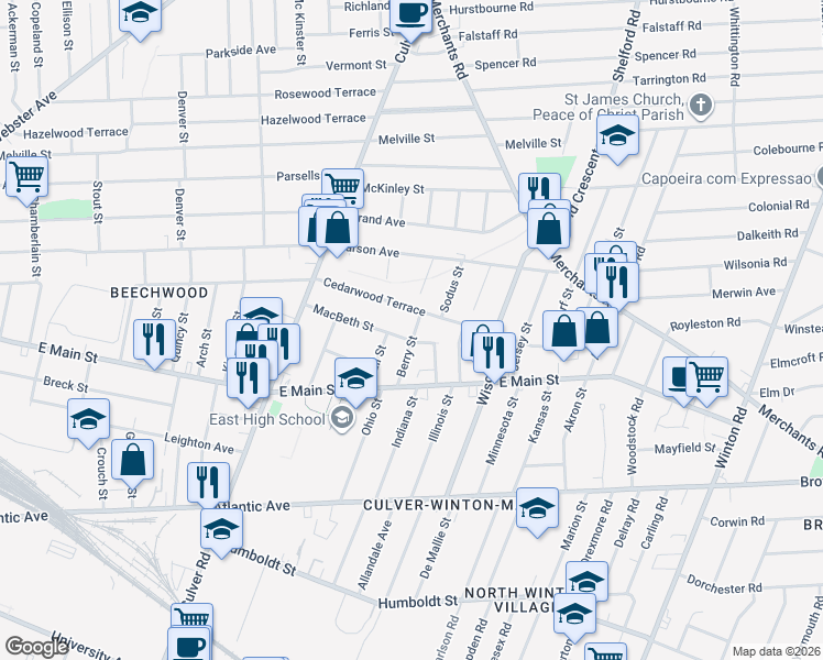 map of restaurants, bars, coffee shops, grocery stores, and more near 60 Berry Street in Rochester