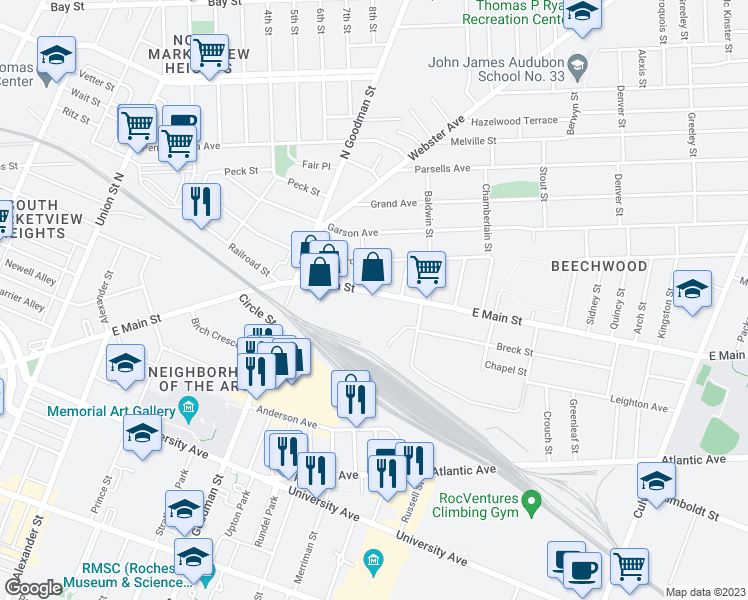 map of restaurants, bars, coffee shops, grocery stores, and more near 1199 East Main Street in Rochester