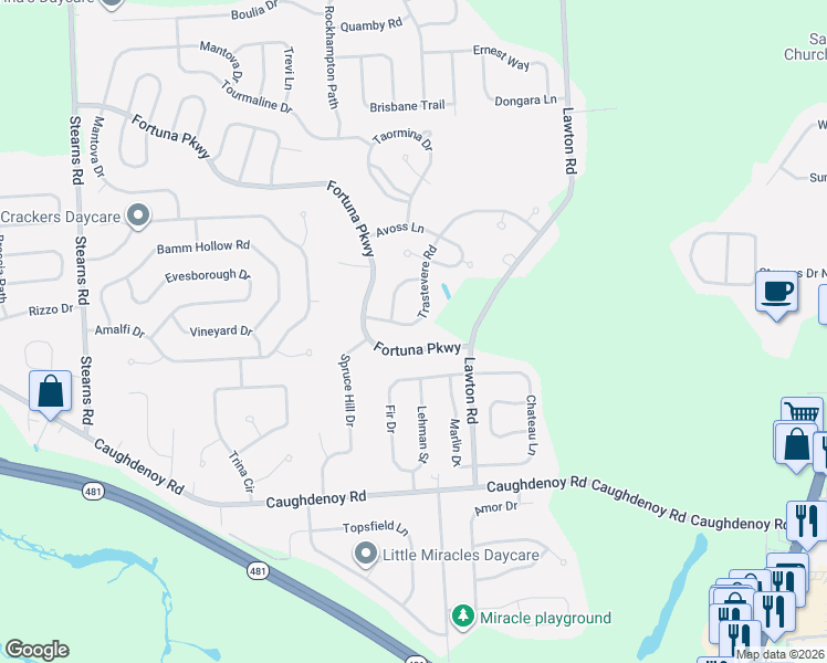 map of restaurants, bars, coffee shops, grocery stores, and more near 5531 Fortuna Parkway in Clay