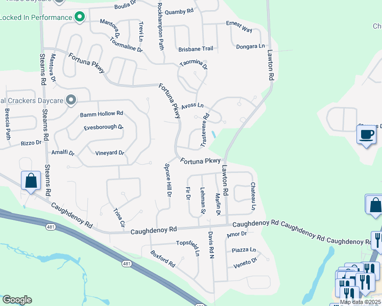 map of restaurants, bars, coffee shops, grocery stores, and more near 5510 Fortuna Parkway in Clay