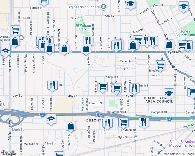 map of restaurants, bars, coffee shops, grocery stores, and more near 195 Masseth Street in Rochester
