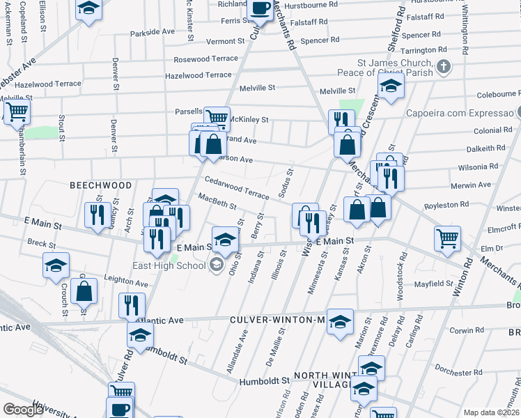 map of restaurants, bars, coffee shops, grocery stores, and more near 60 Berry Street in Rochester