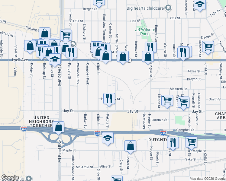 map of restaurants, bars, coffee shops, grocery stores, and more near 79 Pool Street in Rochester