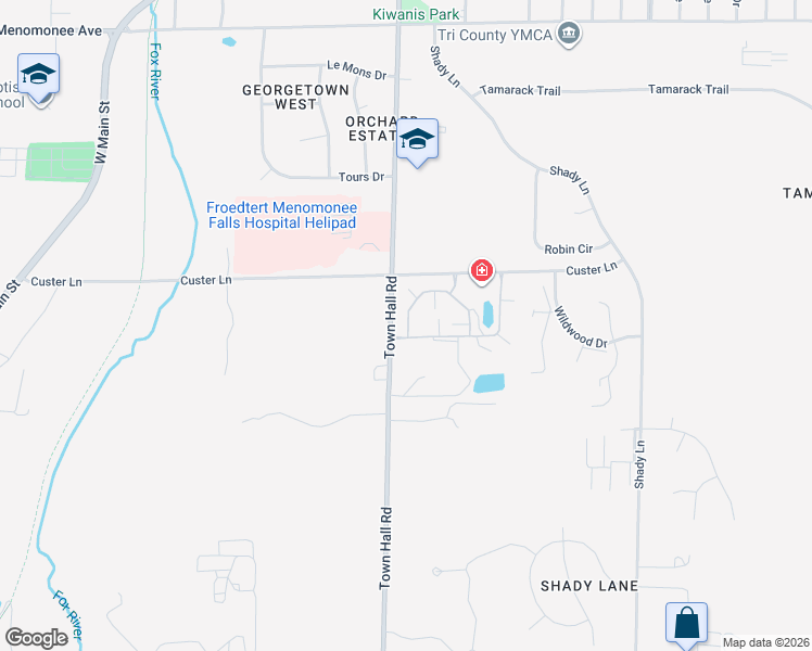 map of restaurants, bars, coffee shops, grocery stores, and more near W180N7887 Town Hall Road in Menomonee Falls