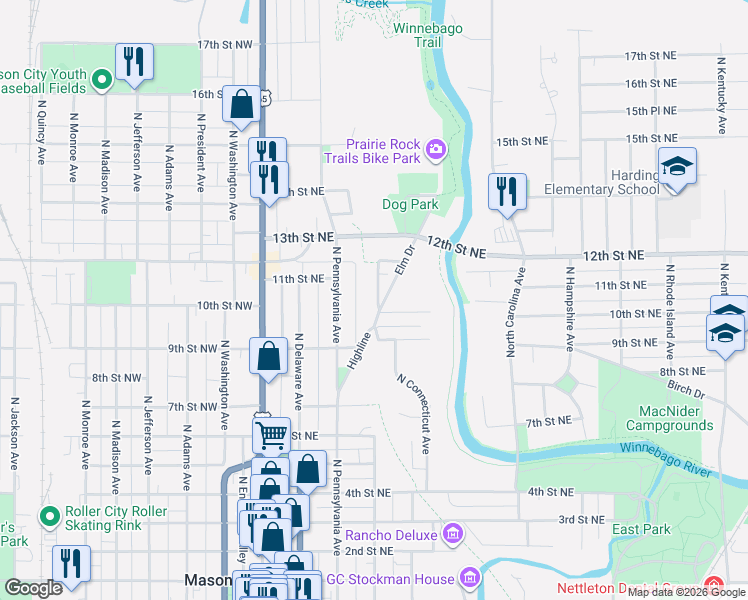 map of restaurants, bars, coffee shops, grocery stores, and more near 929 North Jersey Avenue in Mason City