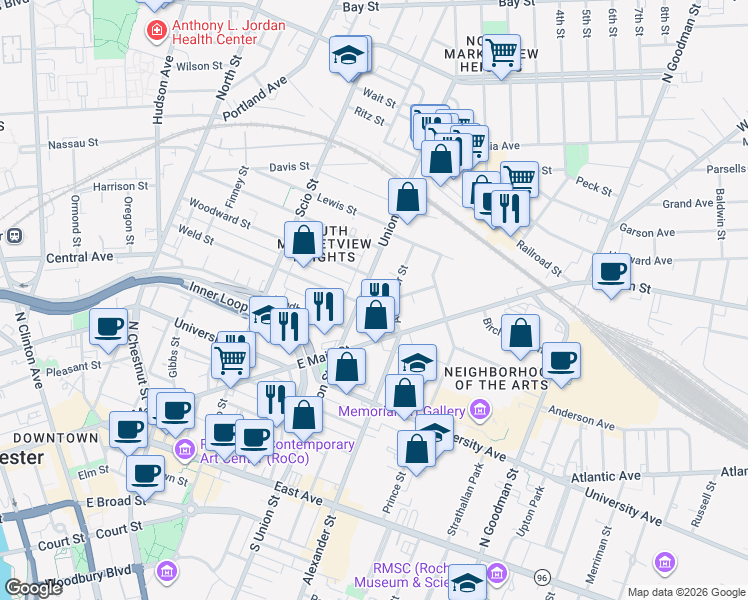 map of restaurants, bars, coffee shops, grocery stores, and more near 18 Kenilworth Terrace in Rochester