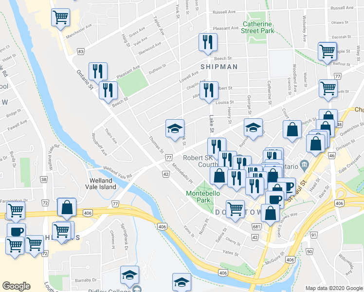 map of restaurants, bars, coffee shops, grocery stores, and more near 1 York Street in St. Catharines