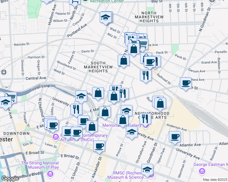 map of restaurants, bars, coffee shops, grocery stores, and more near 18 Kenilworth Terrace in Rochester