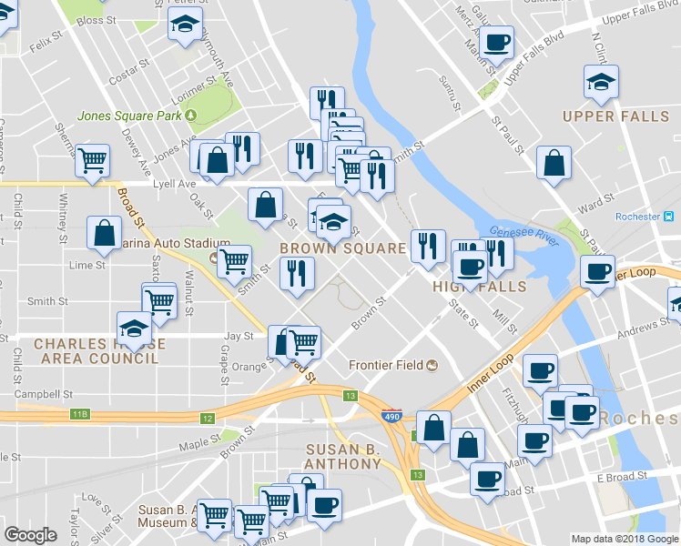 map of restaurants, bars, coffee shops, grocery stores, and more near 260 Verona Street in Rochester