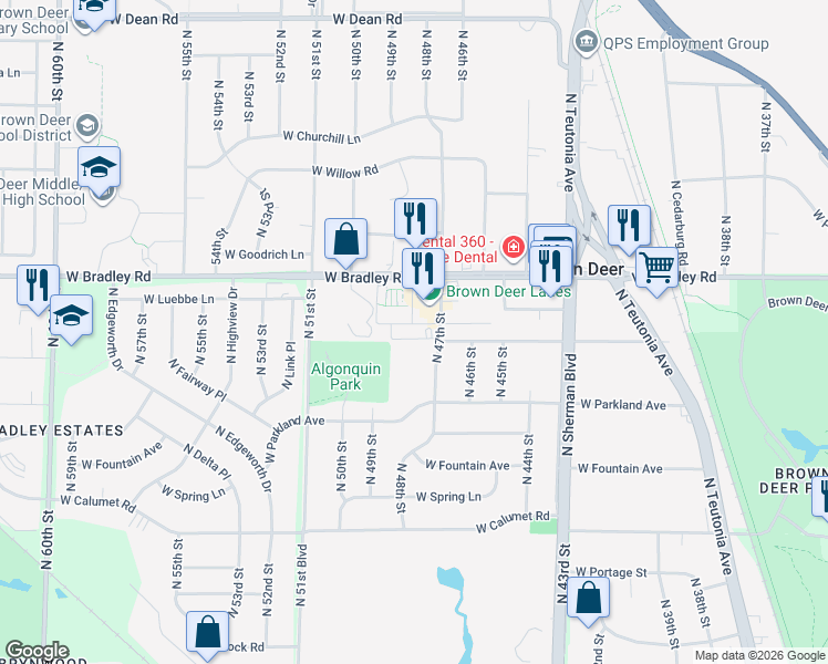map of restaurants, bars, coffee shops, grocery stores, and more near 7911 North 47th Street in Brown Deer
