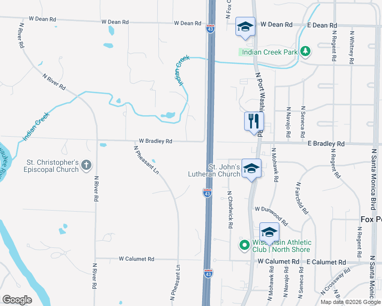 map of restaurants, bars, coffee shops, grocery stores, and more near 705 West Bradley Road in River Hills