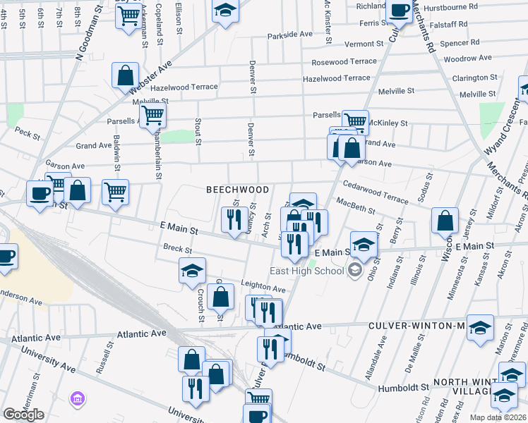 map of restaurants, bars, coffee shops, grocery stores, and more near 30 Quincy Street in Rochester