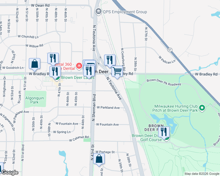 map of restaurants, bars, coffee shops, grocery stores, and more near 7909 North Teutonia Avenue in Brown Deer