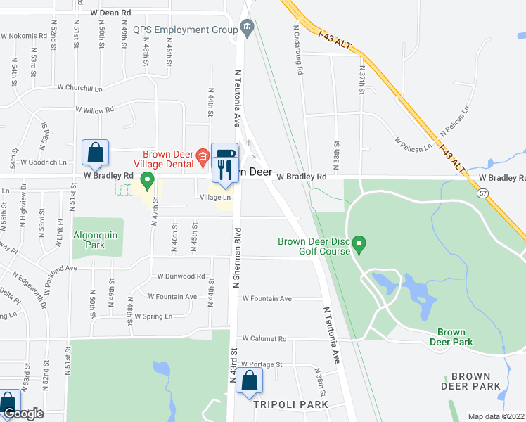 map of restaurants, bars, coffee shops, grocery stores, and more near 4114 West Woodale Avenue in Brown Deer