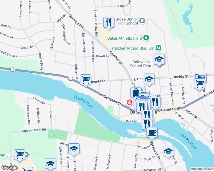 map of restaurants, bars, coffee shops, grocery stores, and more near 7 Walnut Street in Baldwinsville