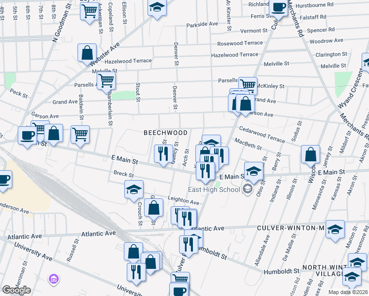 map of restaurants, bars, coffee shops, grocery stores, and more near 30 Quincy Street in Rochester