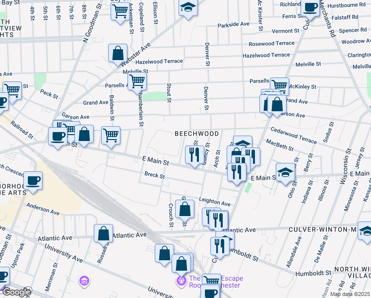 map of restaurants, bars, coffee shops, grocery stores, and more near 25 Sidney Street in Rochester