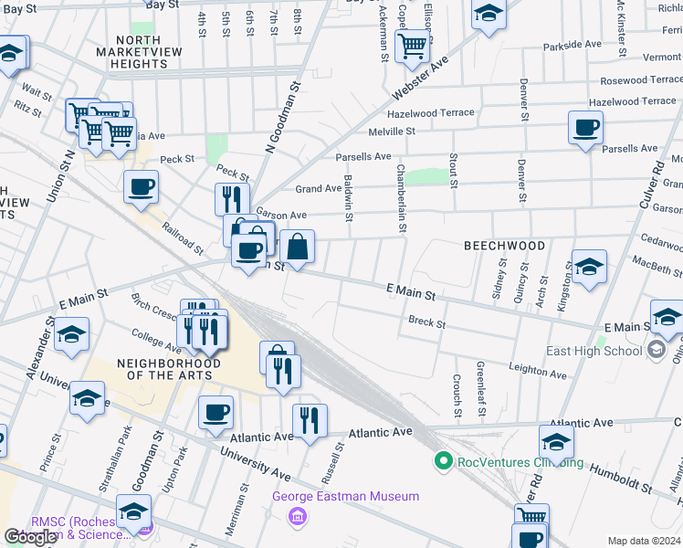 map of restaurants, bars, coffee shops, grocery stores, and more near 1199 East Main Street in Rochester
