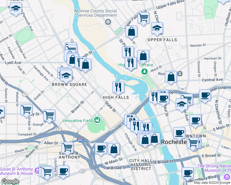 map of restaurants, bars, coffee shops, grocery stores, and more near 236 Mill Street in Rochester