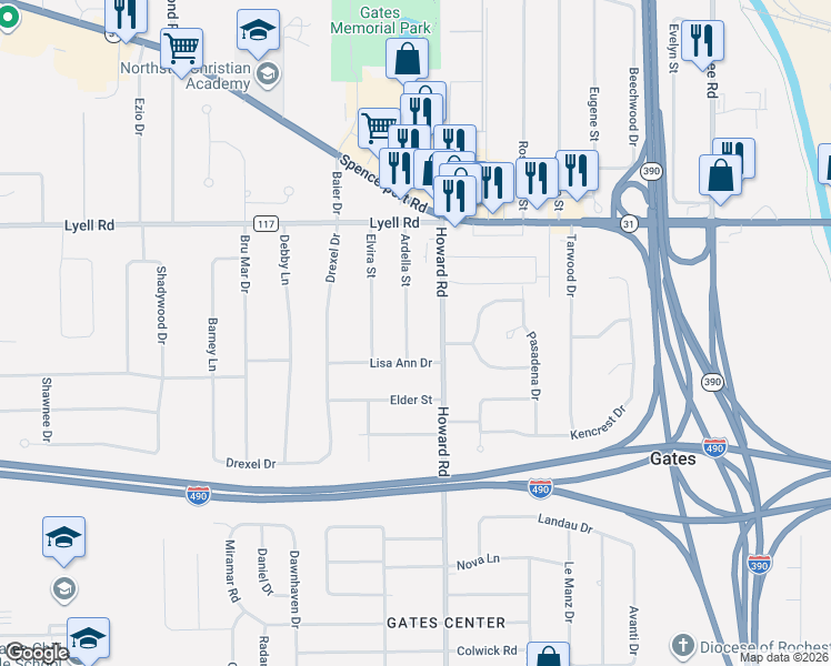 map of restaurants, bars, coffee shops, grocery stores, and more near 185 Ardella Street in Rochester