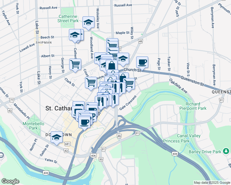 map of restaurants, bars, coffee shops, grocery stores, and more near 420 Saint Paul Street in St. Catharines