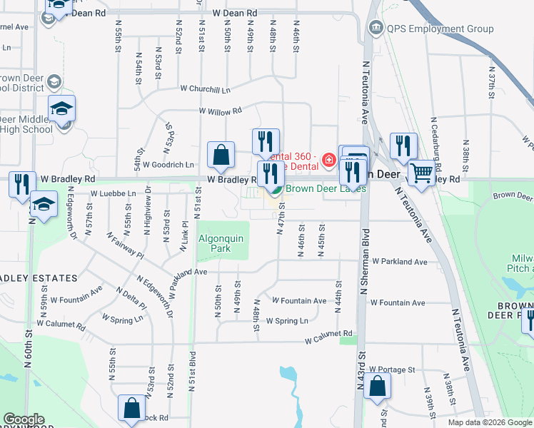 map of restaurants, bars, coffee shops, grocery stores, and more near 7911 North 47th Street in Brown Deer