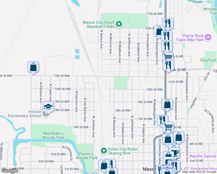 map of restaurants, bars, coffee shops, grocery stores, and more near 535 10th St NW in Mason City
