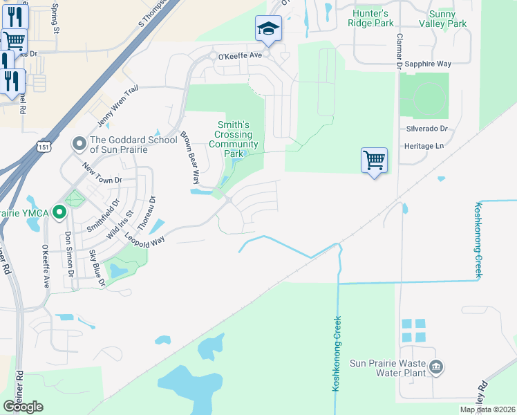 map of restaurants, bars, coffee shops, grocery stores, and more near 2148 Winding Stream Way in Sun Prairie