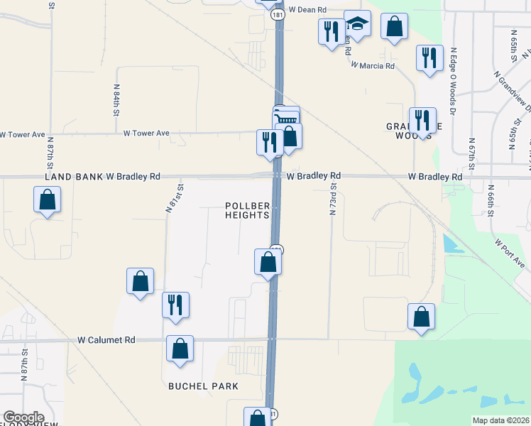 map of restaurants, bars, coffee shops, grocery stores, and more near 7863 Wisconsin 181 in Milwaukee