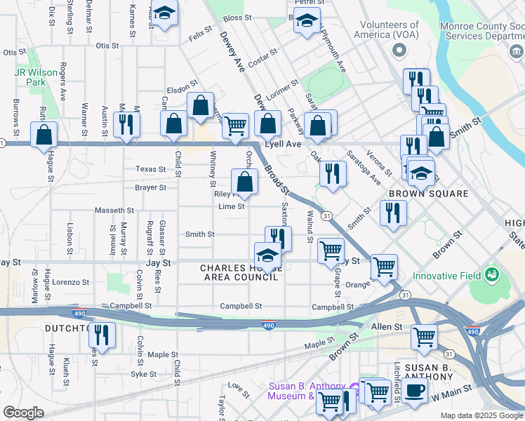 map of restaurants, bars, coffee shops, grocery stores, and more near 23 Lime Street in Rochester