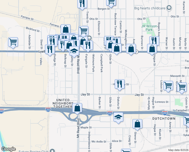 map of restaurants, bars, coffee shops, grocery stores, and more near 78 Wetmore Park in Rochester