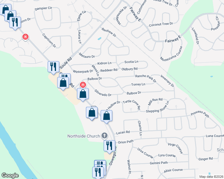 map of restaurants, bars, coffee shops, grocery stores, and more near 4136 Silverado Drive in Liverpool
