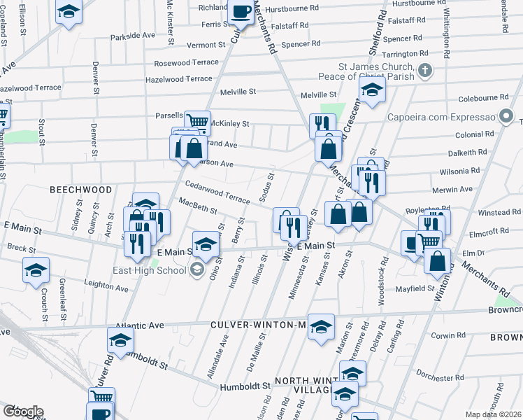 map of restaurants, bars, coffee shops, grocery stores, and more near 221 Illinois Street in Rochester