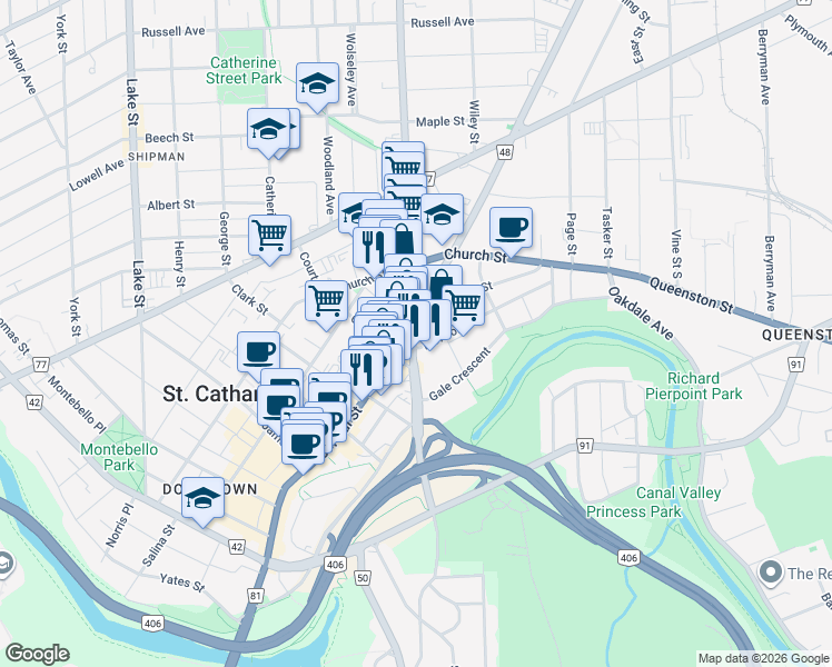 map of restaurants, bars, coffee shops, grocery stores, and more near 38 Geneva Street in St. Catharines