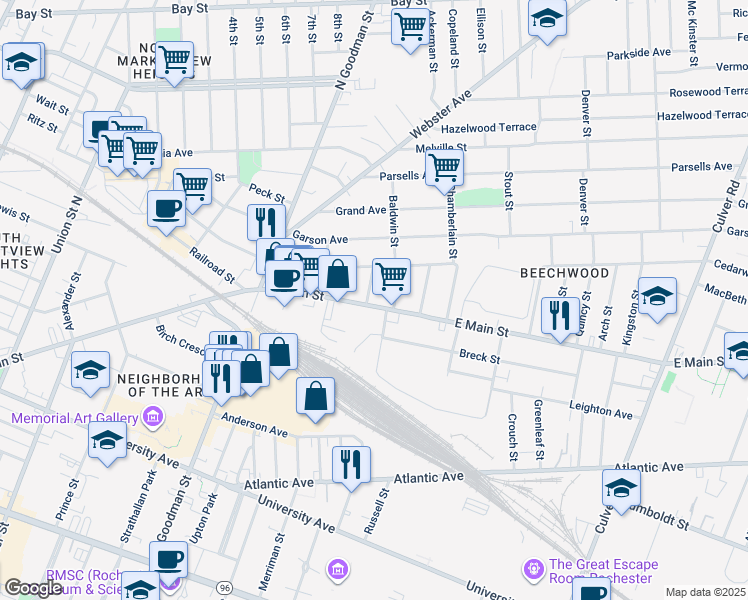 map of restaurants, bars, coffee shops, grocery stores, and more near 1199 East Main Street in Rochester