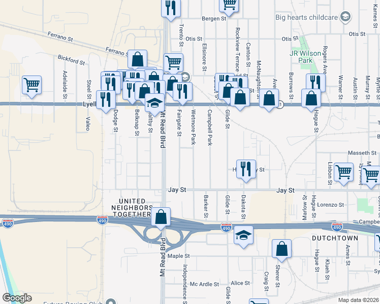 map of restaurants, bars, coffee shops, grocery stores, and more near 78 Fairgate Street in Rochester