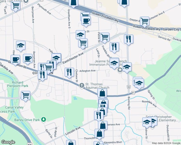 map of restaurants, bars, coffee shops, grocery stores, and more near 24 Lorne Street in St. Catharines