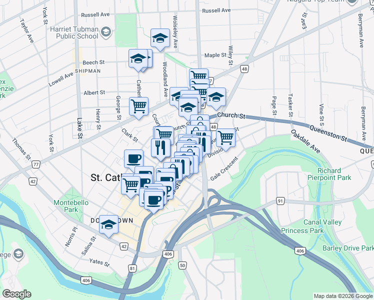 map of restaurants, bars, coffee shops, grocery stores, and more near 18 Court Street in St. Catharines