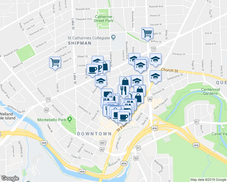 map of restaurants, bars, coffee shops, grocery stores, and more near in St. Catharines
