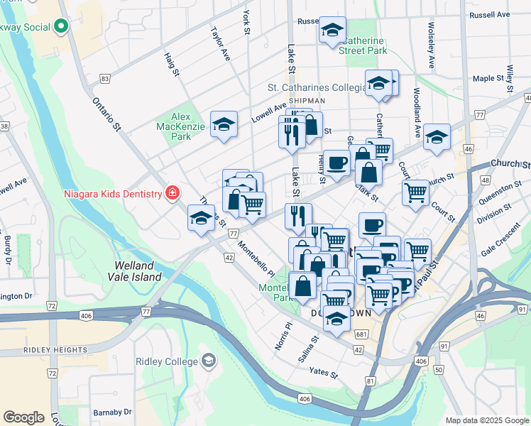 map of restaurants, bars, coffee shops, grocery stores, and more near in St. Catharines