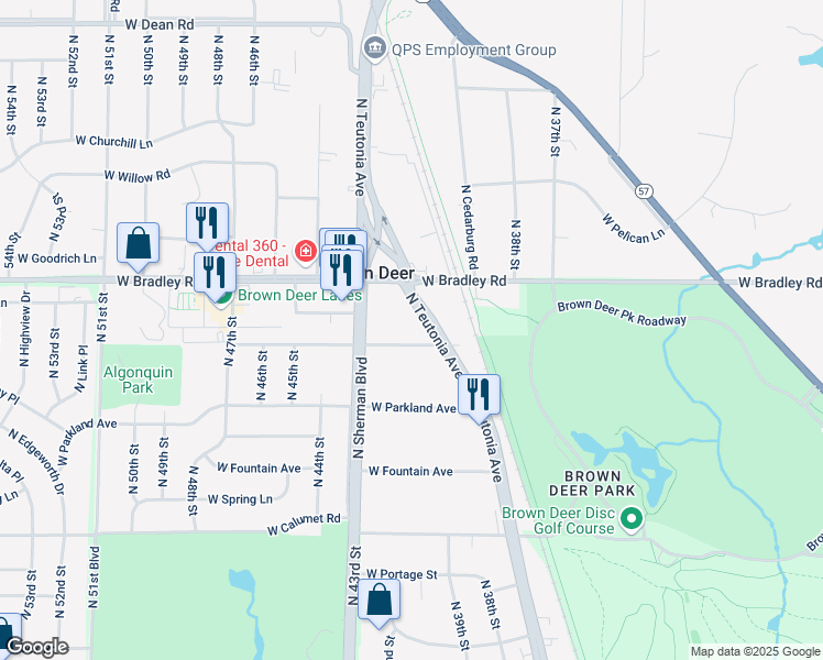 map of restaurants, bars, coffee shops, grocery stores, and more near 4121 West Woodale Avenue in Brown Deer