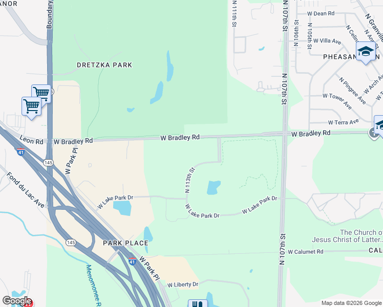 map of restaurants, bars, coffee shops, grocery stores, and more near 11200 West Parkland Avenue in Milwaukee