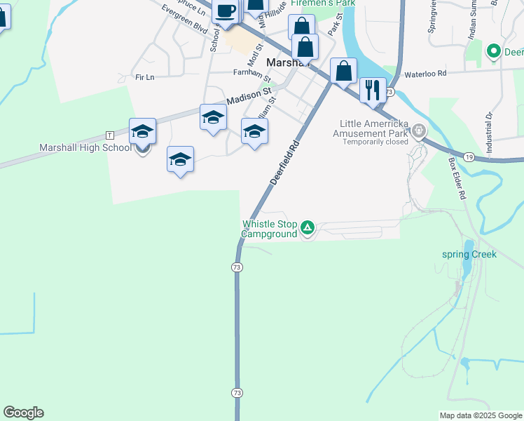 map of restaurants, bars, coffee shops, grocery stores, and more near 471 Deerfield Road in Marshall