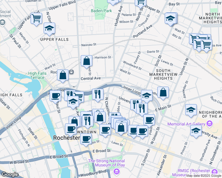 map of restaurants, bars, coffee shops, grocery stores, and more near 11 University Avenue in Rochester