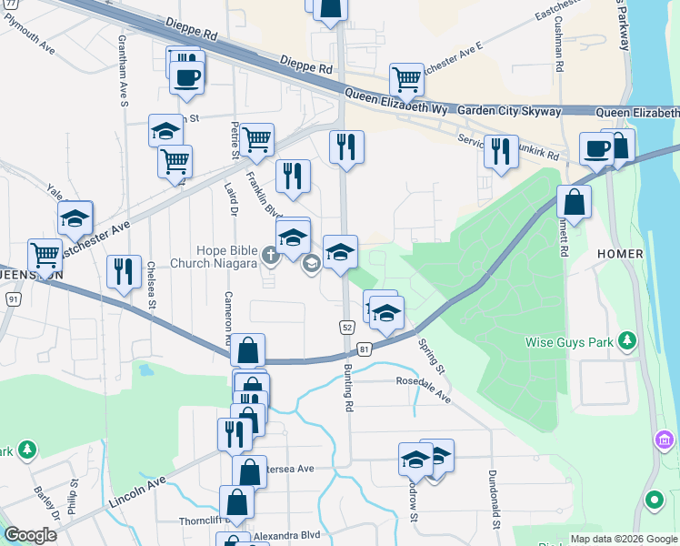 map of restaurants, bars, coffee shops, grocery stores, and more near 99 Bunting Road in St. Catharines