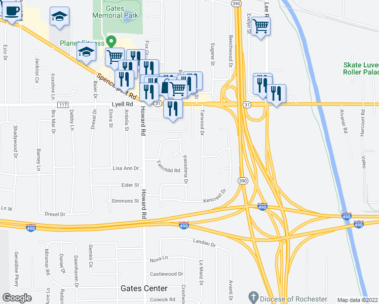map of restaurants, bars, coffee shops, grocery stores, and more near 15 Fairchild Road in Rochester