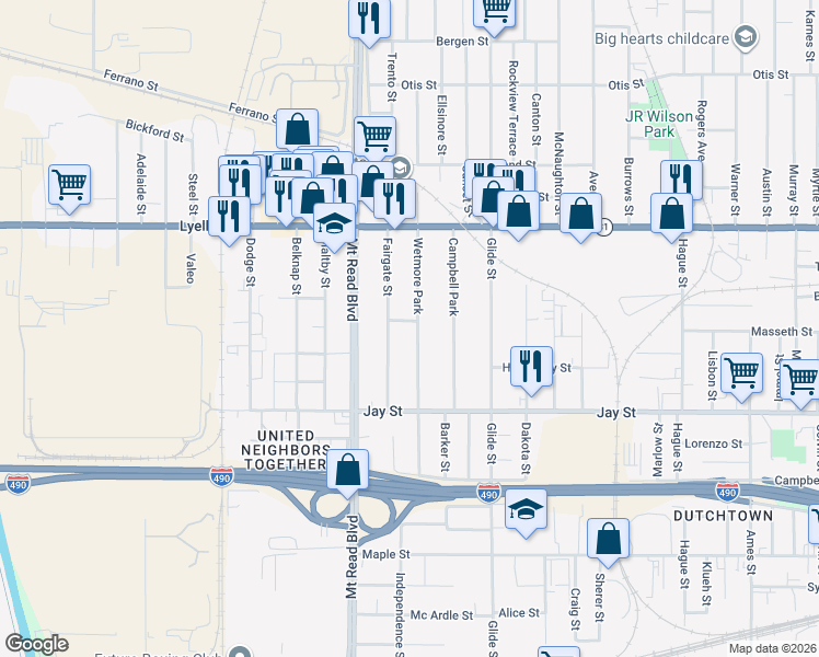 map of restaurants, bars, coffee shops, grocery stores, and more near 78 Fairgate Street in Rochester