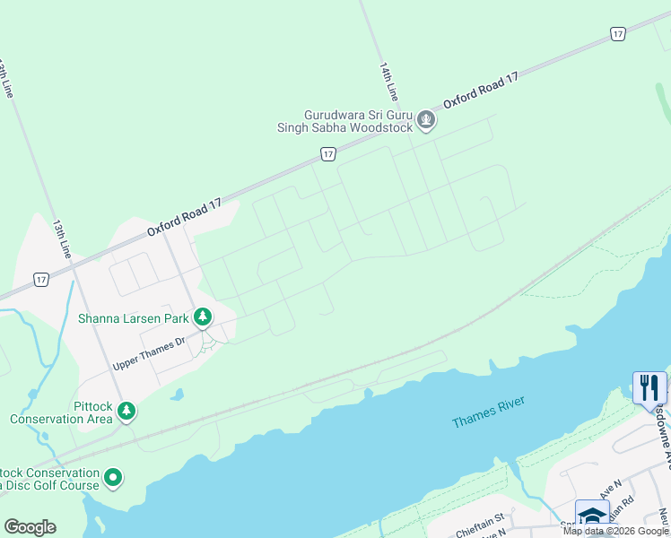 map of restaurants, bars, coffee shops, grocery stores, and more near 745162 Oxford Road 17 in Woodstock