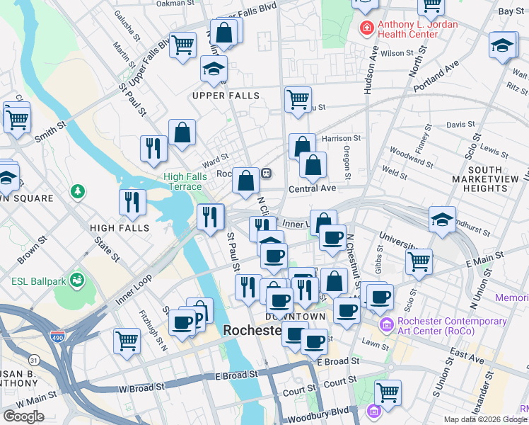 map of restaurants, bars, coffee shops, grocery stores, and more near 184 Cumberland Street in Rochester