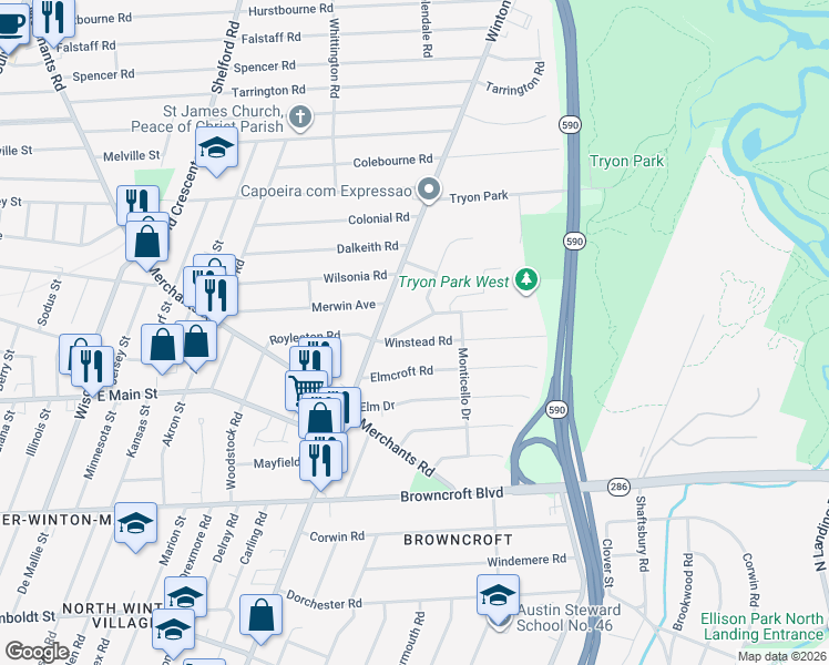 map of restaurants, bars, coffee shops, grocery stores, and more near 892 Winton Road North in Rochester